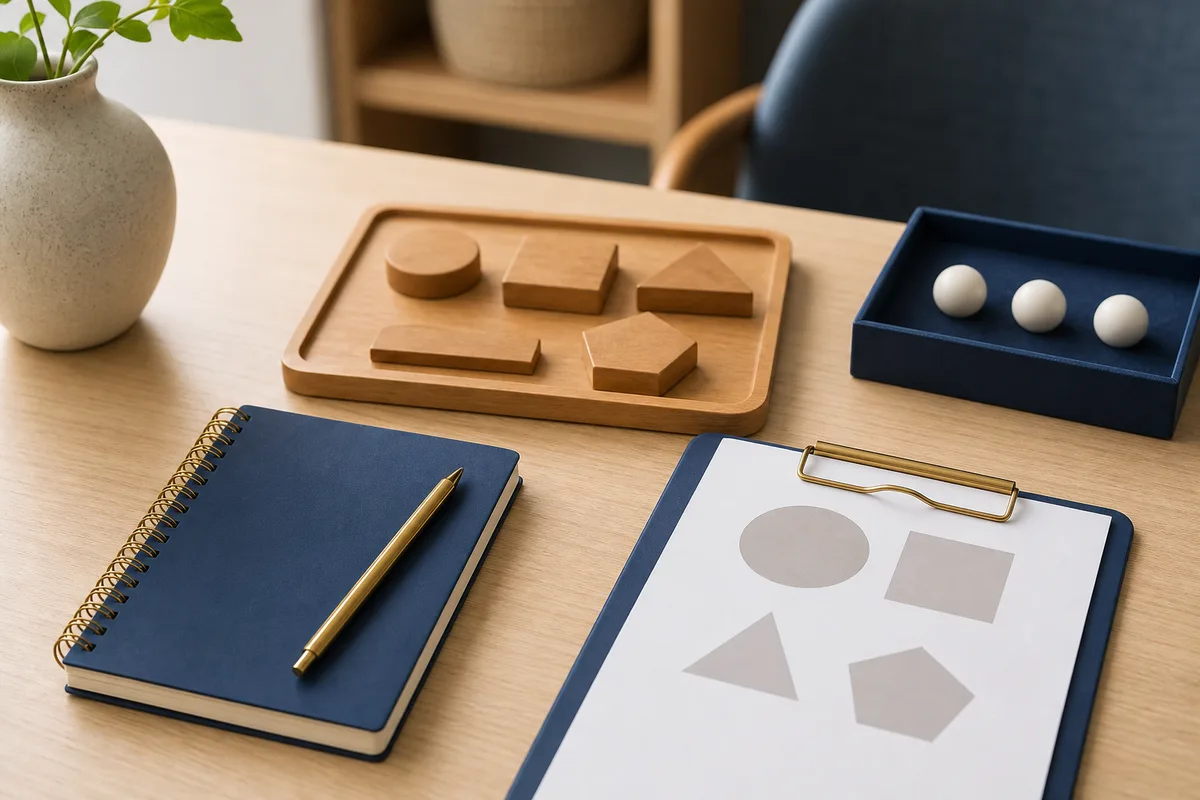 Materiais de avaliação cognitiva organizados de forma tranquila e acolhedora.
