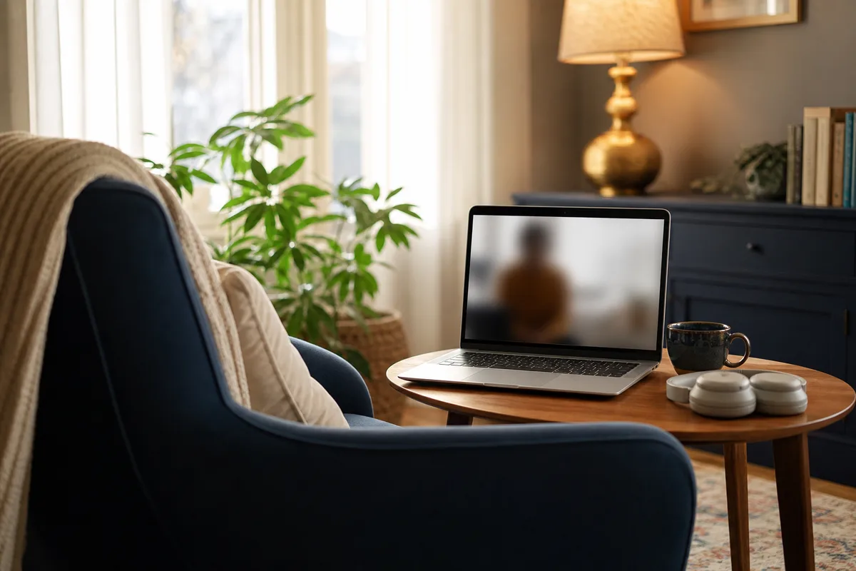 Espaço reservado para psicoterapia online com notebook e poltrona confortável.