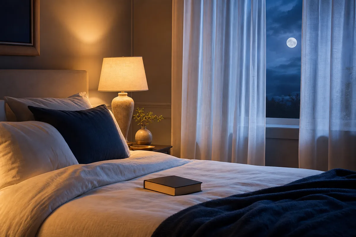 Quarto sereno ao anoitecer, iluminado por um abajur e pela luz da lua.