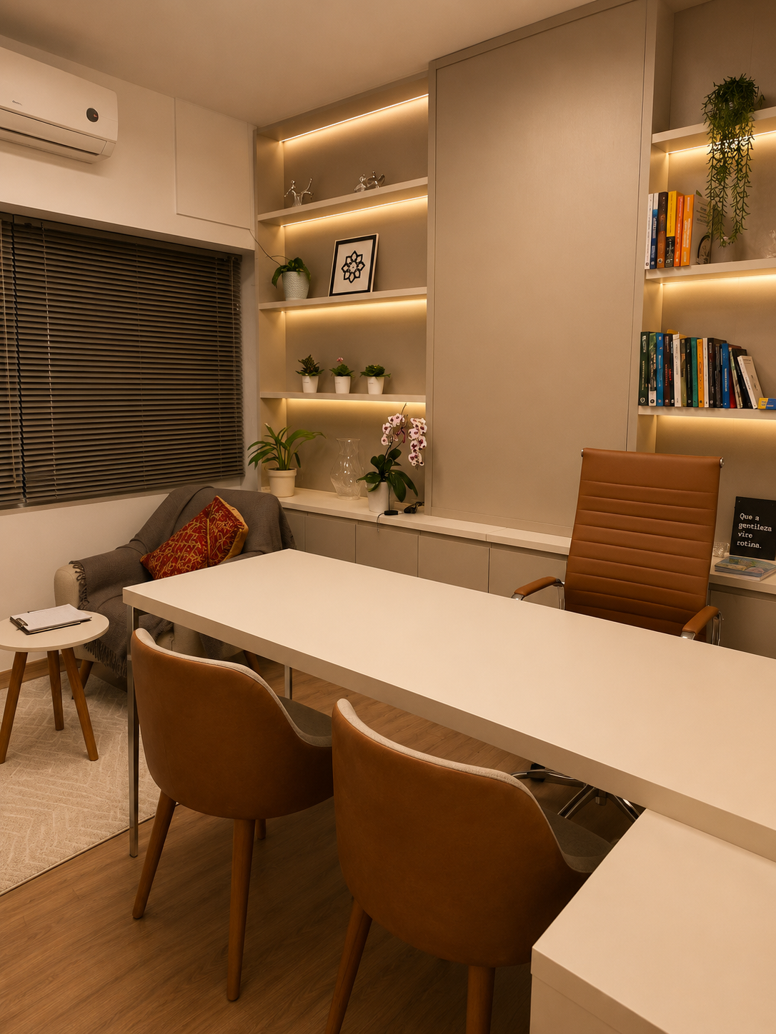 Consultório 03 do Instituto Axon Savant com mesa ampla, cadeiras, poltrona e estante iluminada.